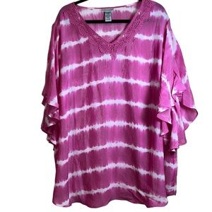 Catherine's V-Neck Flutter Sleeve Top in Pink Tie Dye, Women's 3X / 26-28W